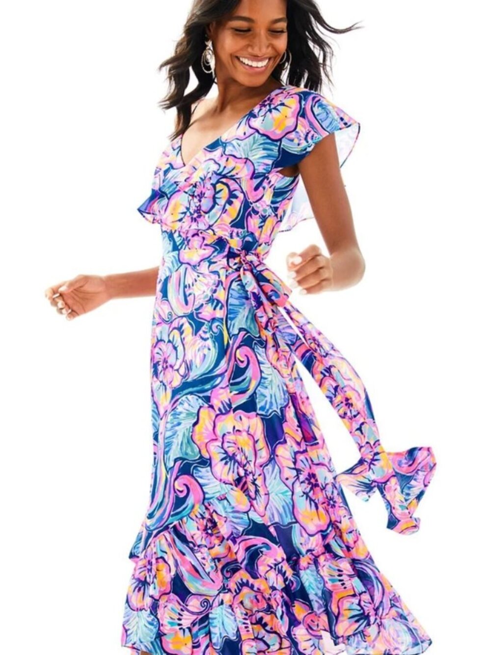 Lilly Pulitzer Marianna Wrap midi Dress Nauti Navy Boho Bateau Floral ruffle S - Picture 3 of 12
